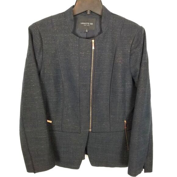 Lafayette 148 Women Zip Up Blazer Jacket Size 8 Navy Lined Office Cotton Blend - Picture 1 of 6